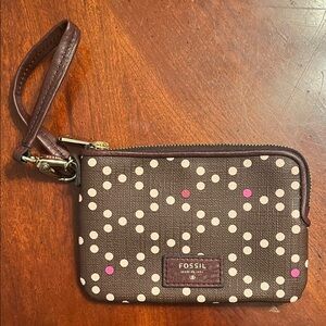 Fossil Brown Polka Dot Wristlet with Pink and Cream Dots